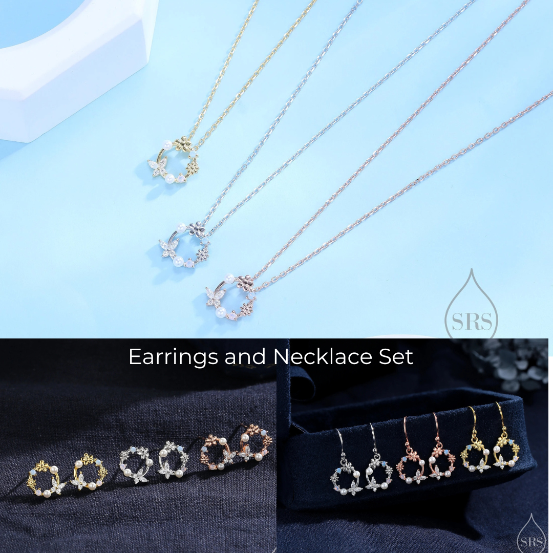 Tiny Flower Wreath Stud Earrings and Necklace Set in Sterling Silver, Silver or Gold or Rose Gold, Gift Set