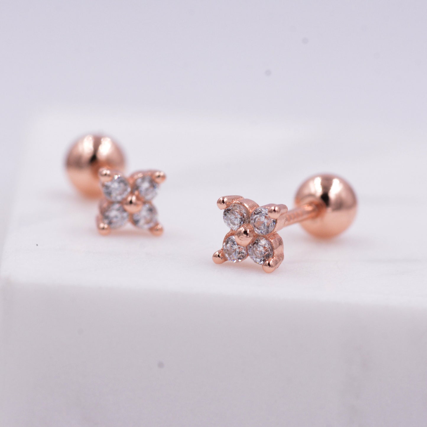 Hydrangea CZ Internally Threaded Flat Back/Screw back(Barbell)/ Stud Earrings in Sterling Silver, CZ Flower Earrings, Piercing Jewellery