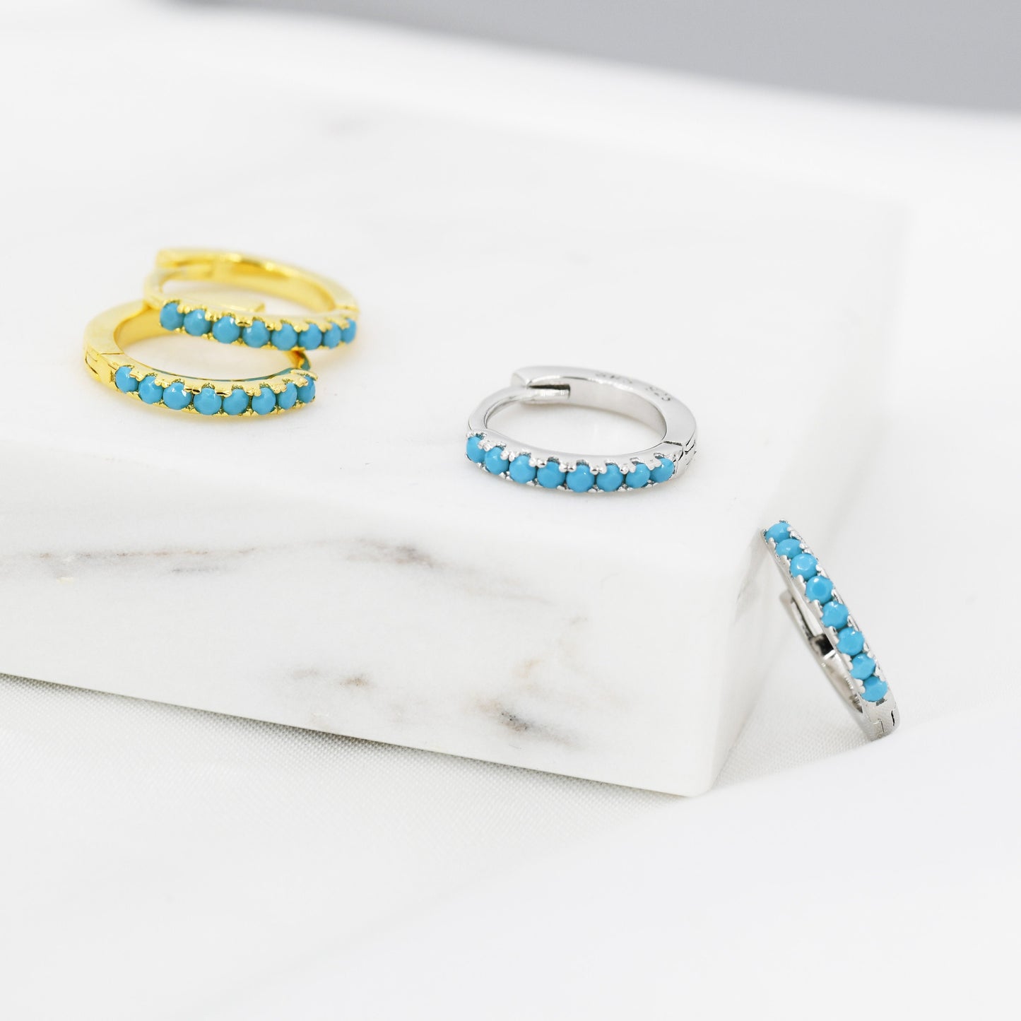 Turquoise Huggie Hoop in Sterling Silver, Silver or Gold, 6mm, 7mm, 8mm and 9mm Inner Diameter Hoop Earrings, Turquoise Earrings