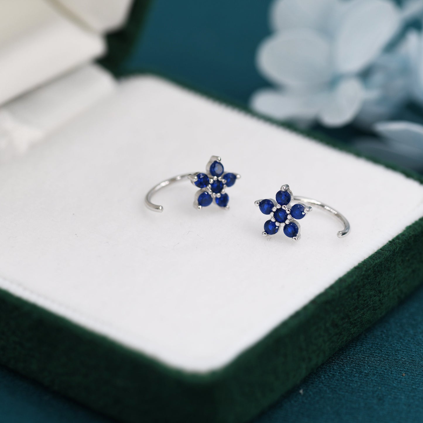 Sapphire Blue CZ Flower Huggie Hoop Earrings in Sterling Silver, Gold or Silver, CZ Flower Threader Hoop Earrings, Pull Through, C Shape