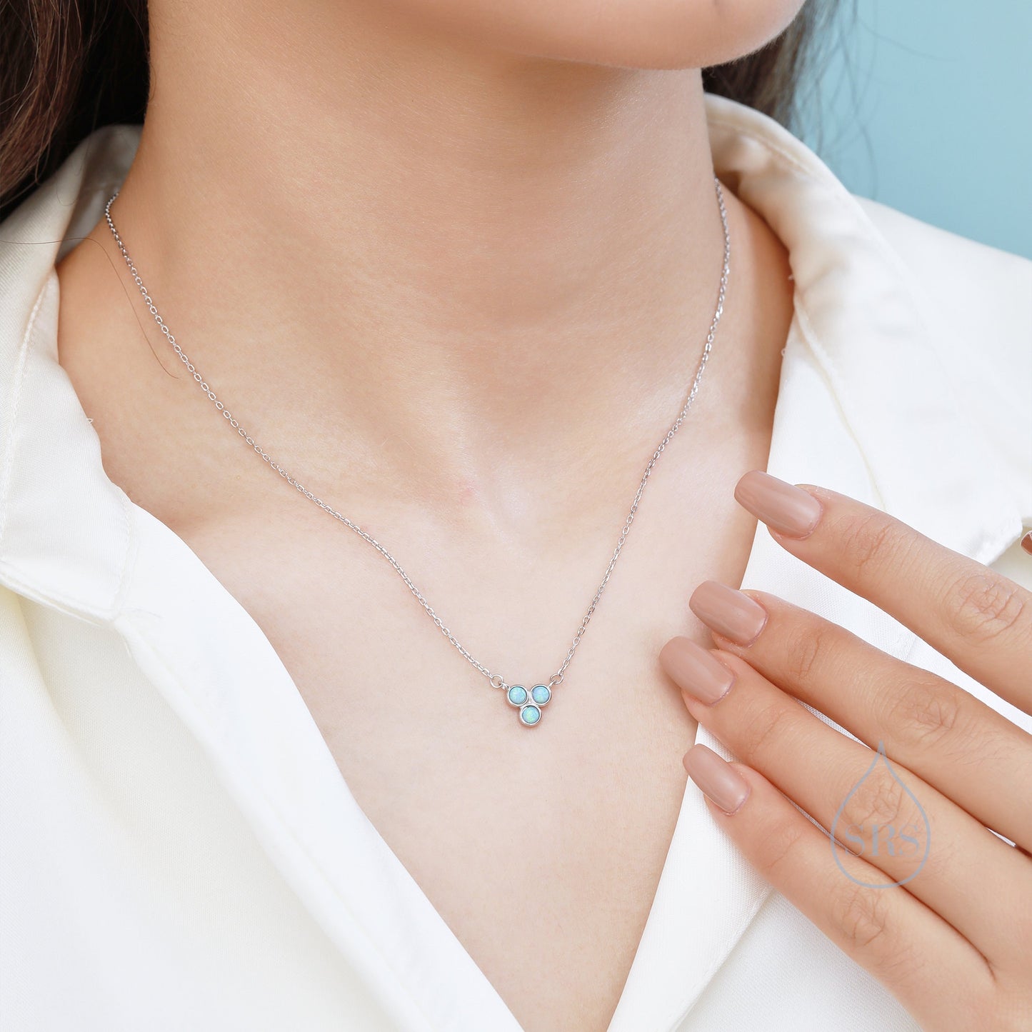 Tiny White Opal Trio Pendant Necklace in Sterling Silver, Tiny Opal Necklace, Three Tiny Lab Opal Pendant