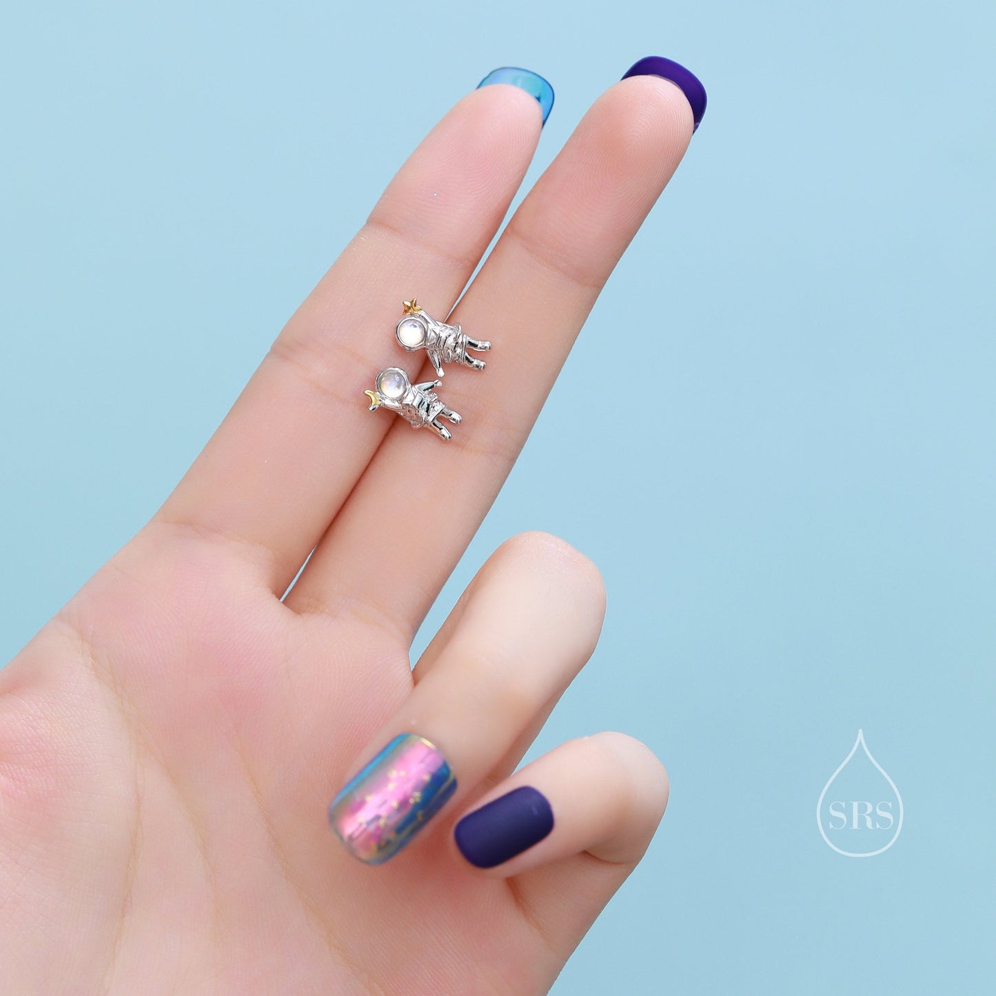 Astronaut Stud Earrings in Sterling Silver with Moonstone, Mismatched Moon and Star Astronaut Earrings, Asymmetric Spaceman Earrings