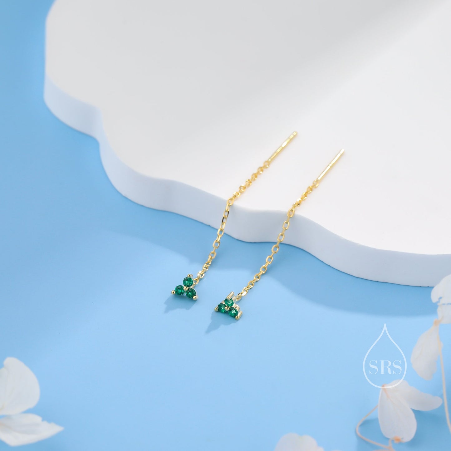 Emerald Green CZ Trio Flower Threader Earrings in Sterling Silver, Silver or Gold, Three Dot Crystal Ear Threaders, Flower CZ Earrings