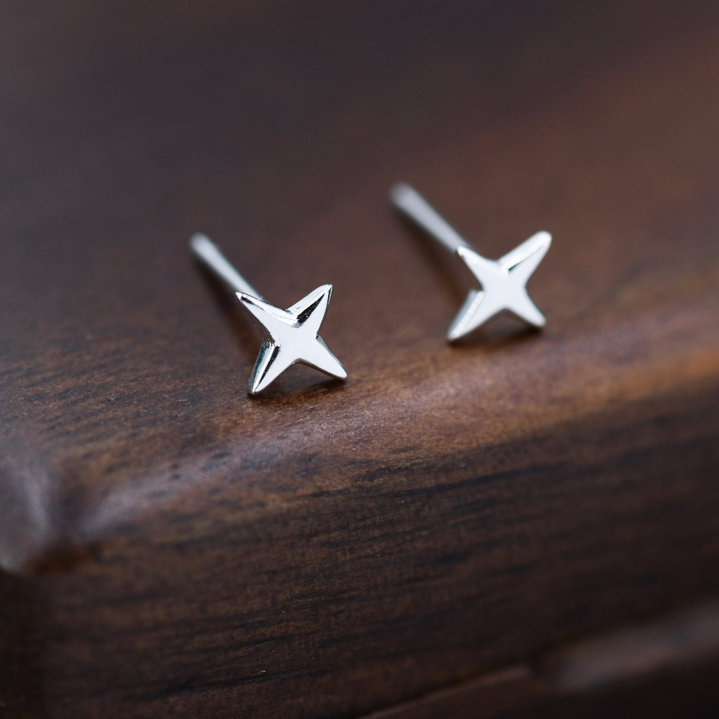Four Point Star Stud Earrings in Sterling Silver, Tiny Celestial Stud, Polished or Textured, Gold or Silver