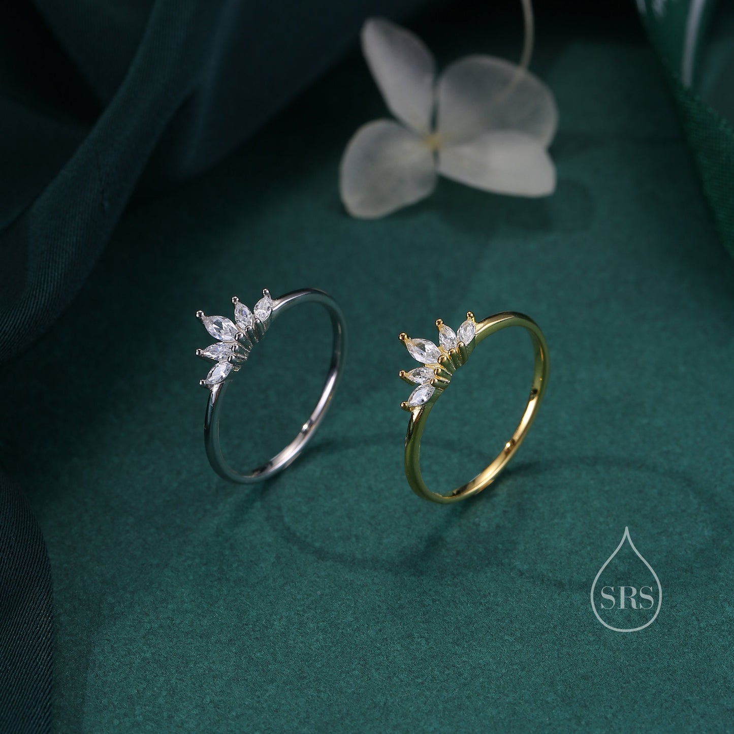 Sterling Silver Marquise Crown Ring, Cluster Ring, Lotus Ring, Flower Ring, CZ Ring, Silver or Gold US 5 - 8