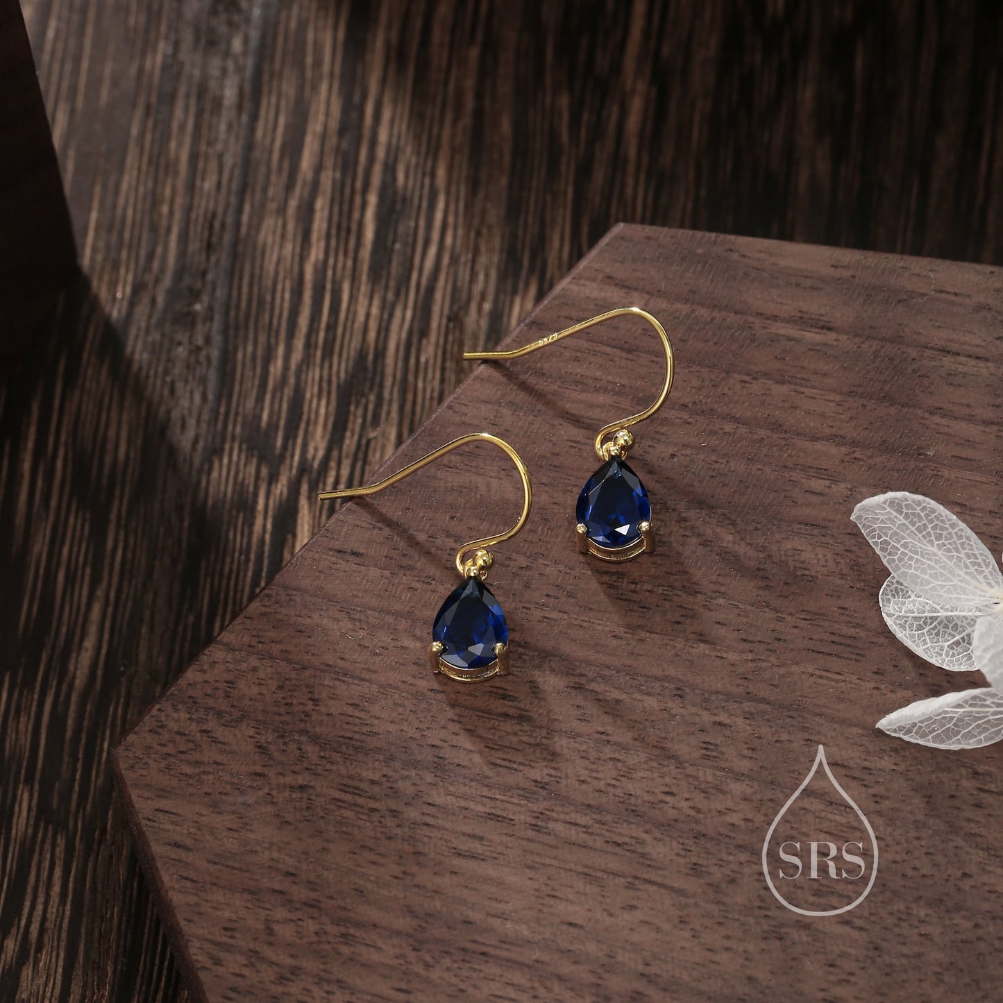 Sapphire Blue Pear Cut CZ Drop Earrings in Sterling Silver, Silver or Gold, Blue Droplet Dangle Earrings