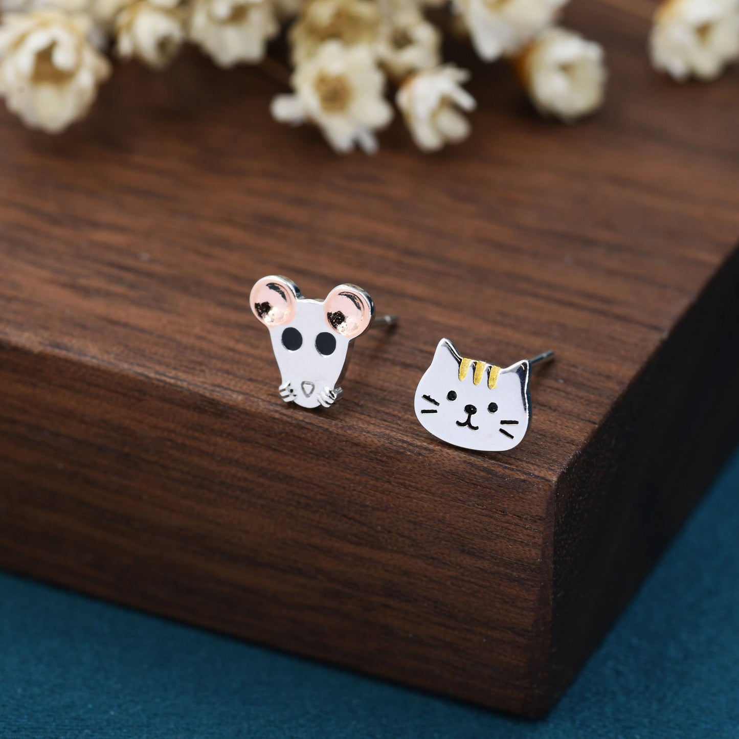 Mismatched Cat and Mouse Stud Earrings in Sterling Silver, Asymmetric Cat and Mouse Earrings, Cute Cat Lover Earrings