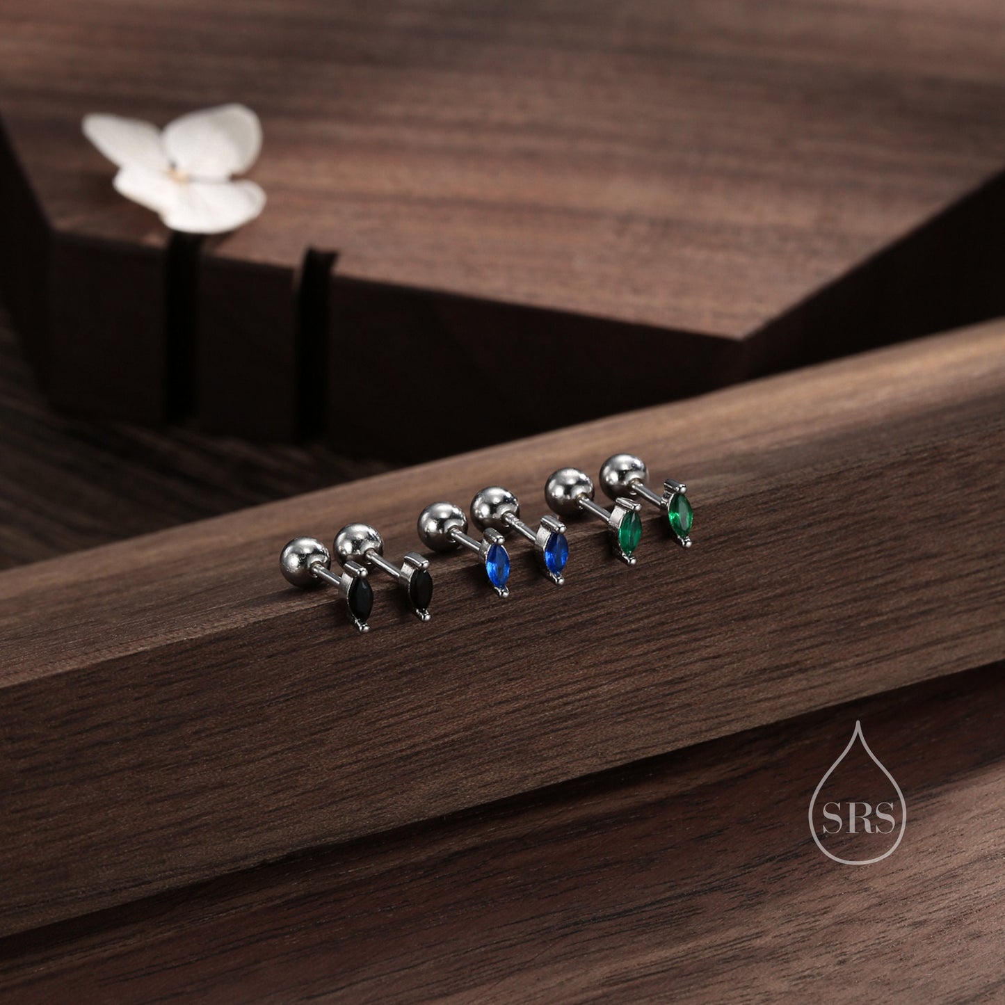 Tiny Emerald Green CZ Marquise Screw Back / Stud Earrings in Sterling Silver, Silver or Gold, Stacking Earrings, CZ Barbell Earrings, Helix