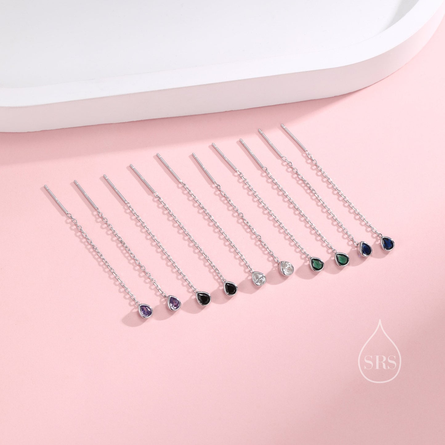 Tiny Emerald Green Droplet Bezel CZ Crystal Threader Earrings in Sterling Silver, Silver or Gold, Minimalist Pear Cut Ear Threaders