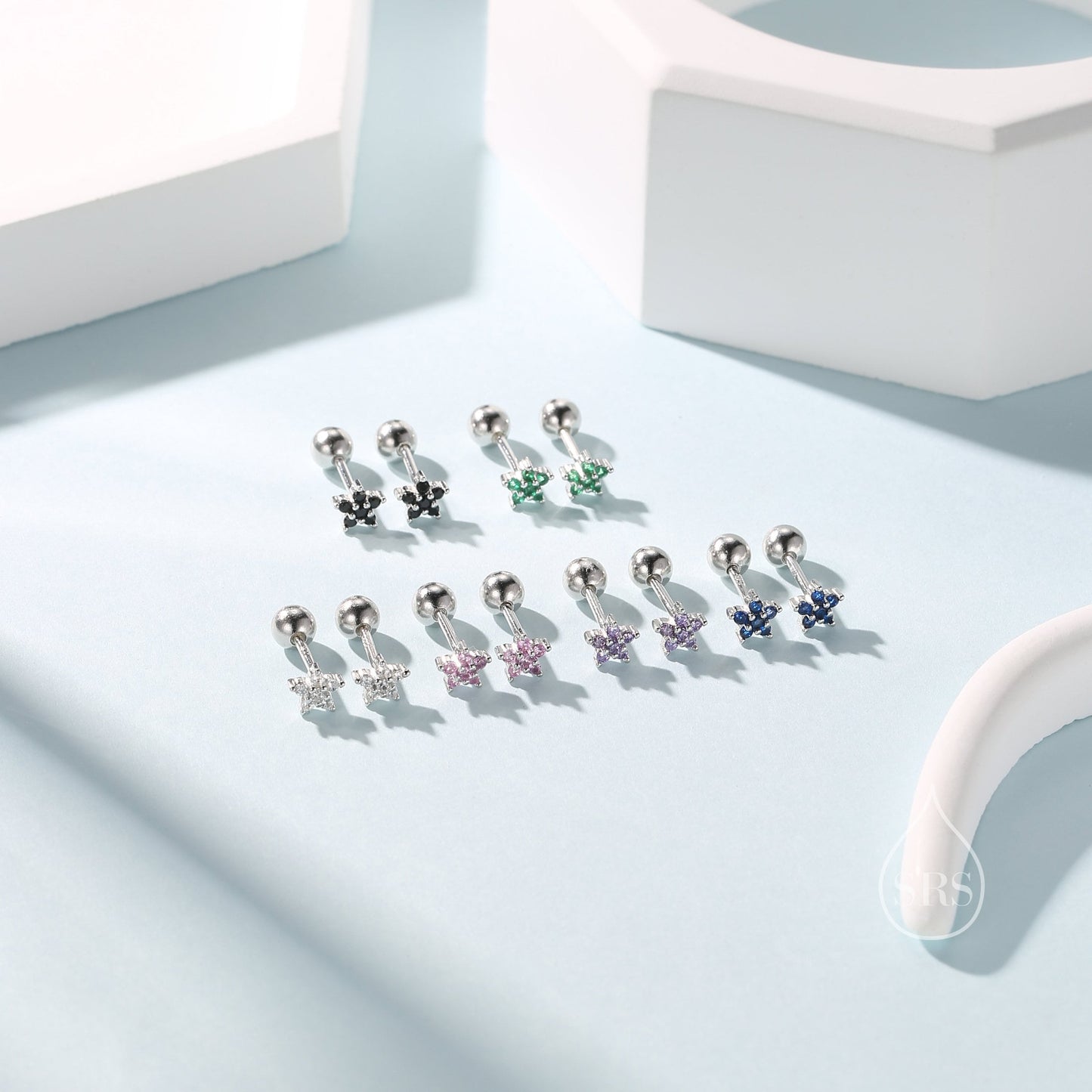 Emerald Green Flower CZ Screw Back Earrings in Sterling Silver, Forget Me Not Floral CZ Earrings, Silver or Gold, Flower CZ Earrings