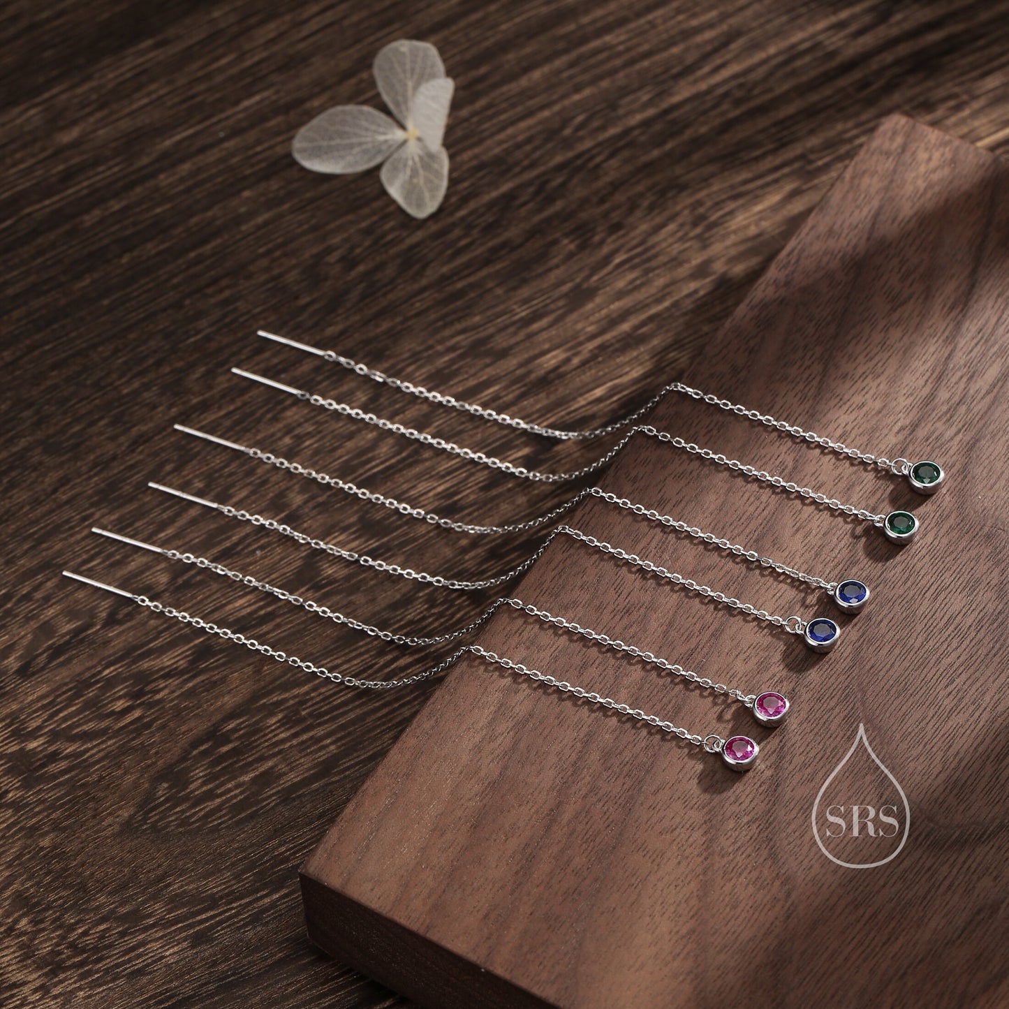 4mm Emerald Green CZ Threader Earrings in Sterling Silver, Silver or Gold, Tiny Dot Crystal Ear Threaders, Bezel CZ Ear Threaders