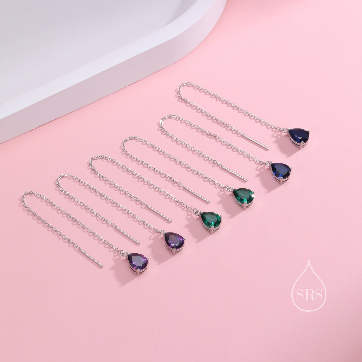 Sapphire Blue CZ Droplet Threader Earrings in Sterling Silver, Silver or Gold, Pear Cut CZ Long Ear Threaders, Sparkly CZ Threaders