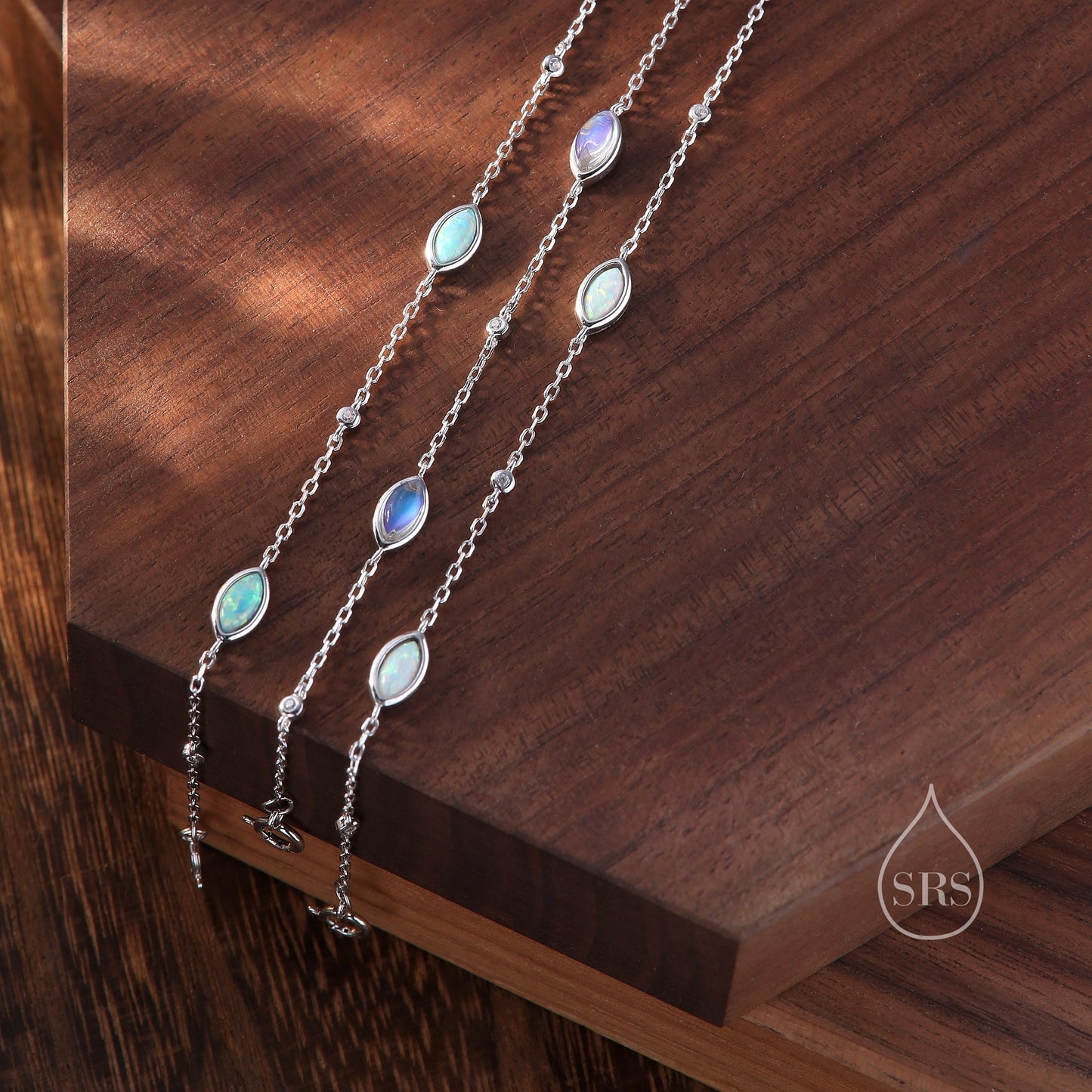 White Fire Opal Marquise Satellite Bracelet in Sterling Silver, Silver or Gold, Simulated Opal Bracelet, Marquise Opal Motif Bracelet