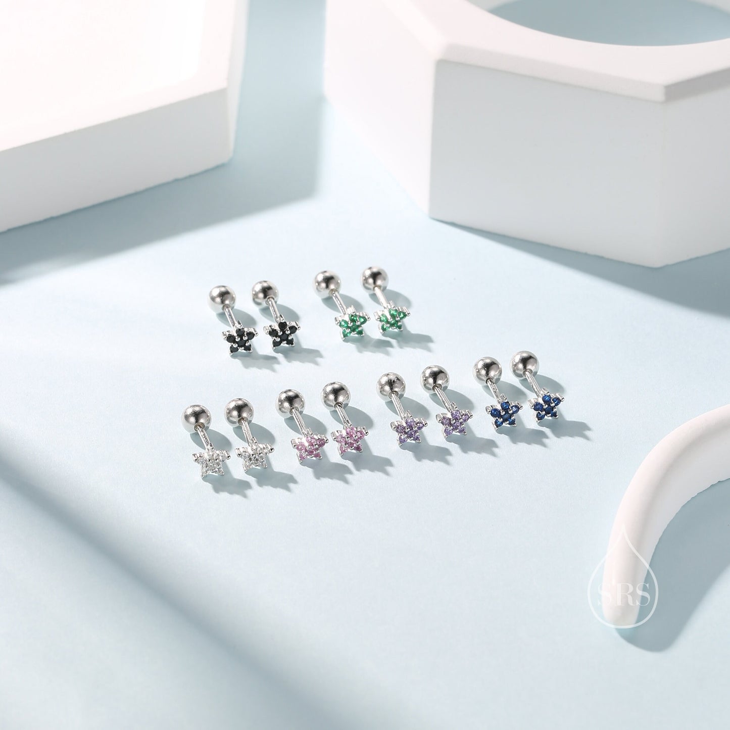 Black CZ Flower Screw Back Earrings in Sterling Silver, Forget Me Not Floral CZ Earrings, Silver or Gold, Flower CZ Earrings