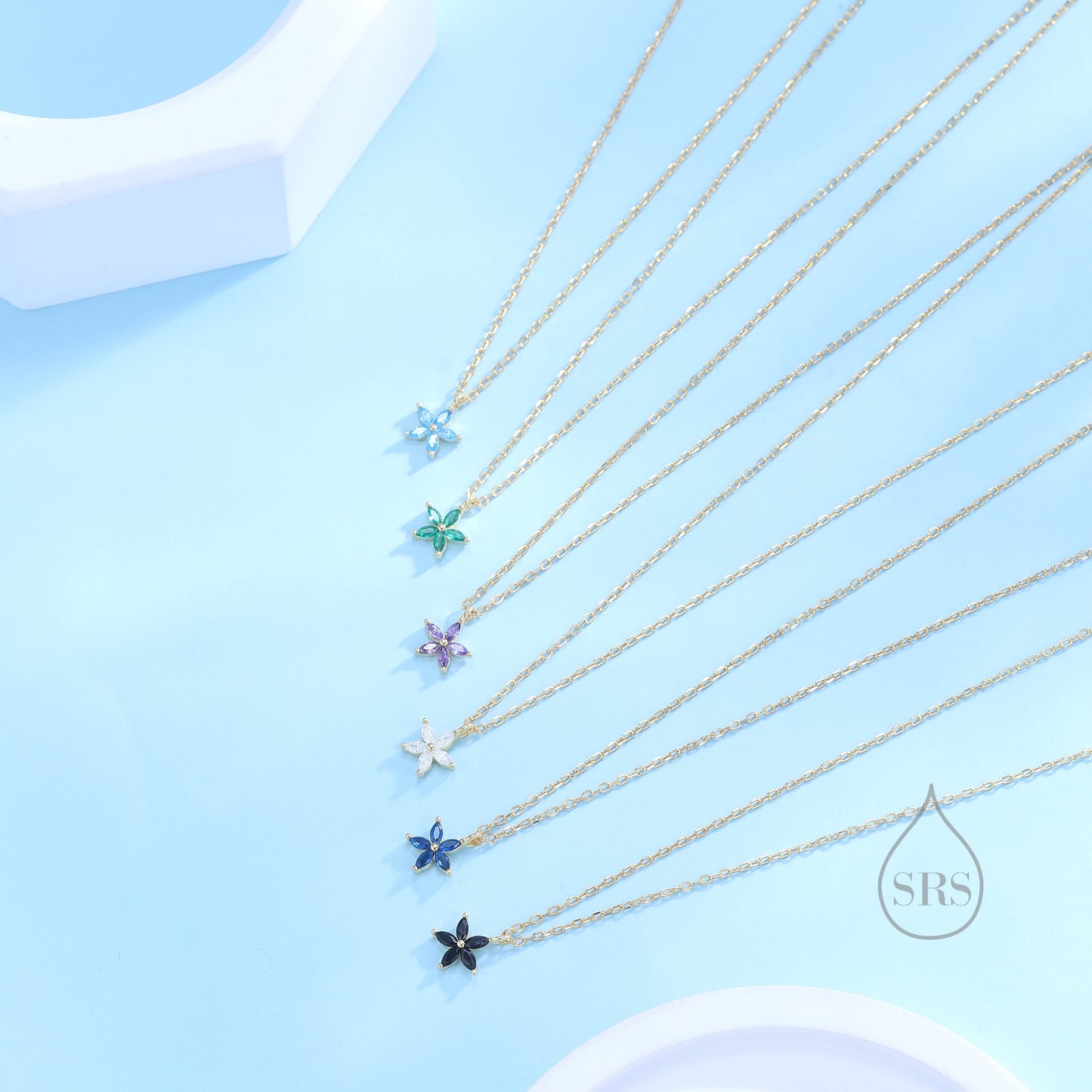 Tiny Aquamarine Blue CZ Flower Necklace in Sterling Silver, Silver or Gold, CZ Flower Necklace, CZ Cluster Floral Necklace