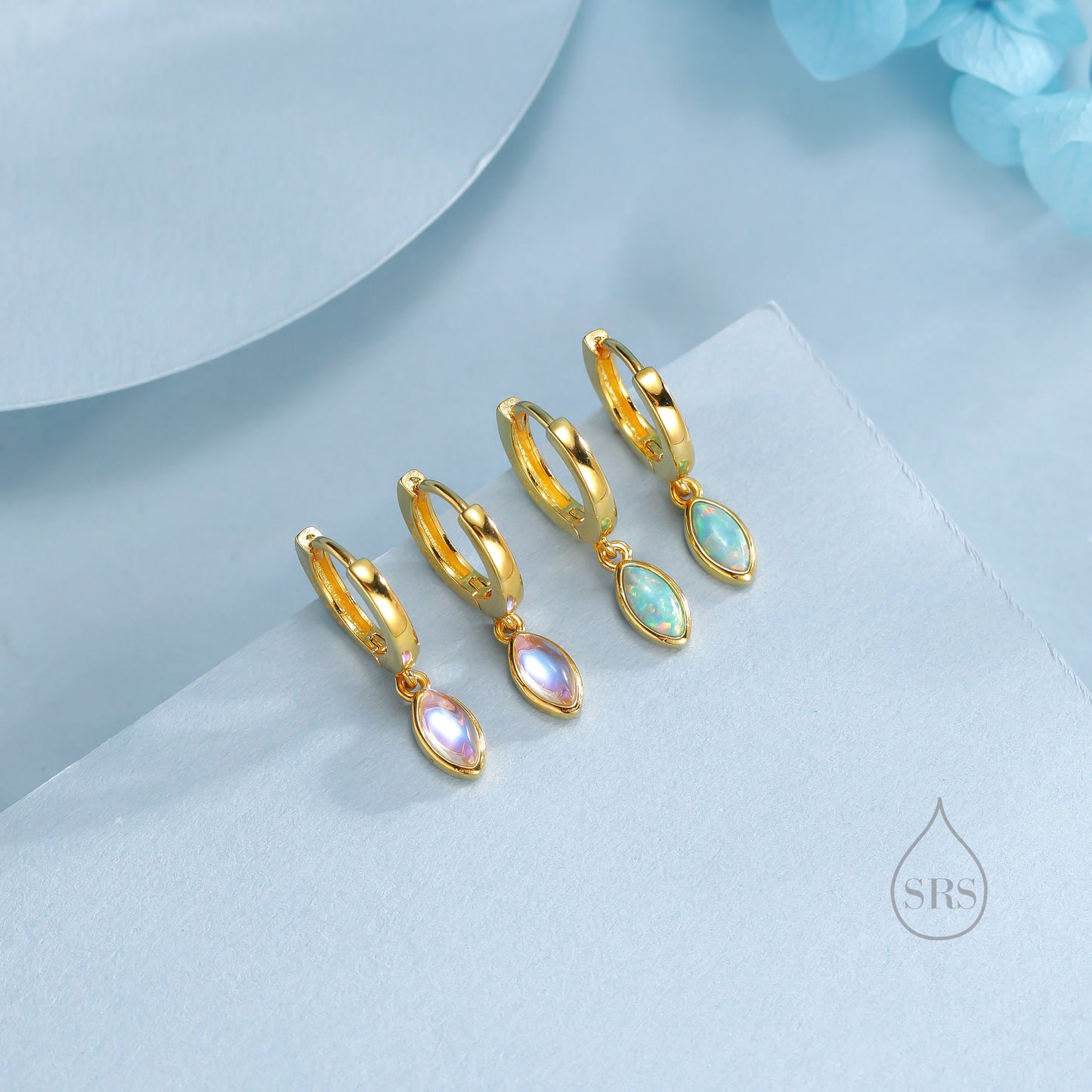 Marquise Aqua Green Opal Huggie Hoops in Sterling Silver, 8mm Opal Hoops, Silver or Gold, Fire Opal Earring