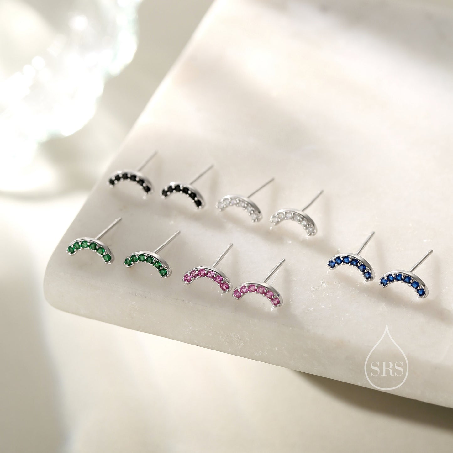 Black CZ Curved Bar Tiny Stud Earrings in Sterling Silver, Silver or Gold, Tiny CZ Bar Stud, Geometric Bar Earrings