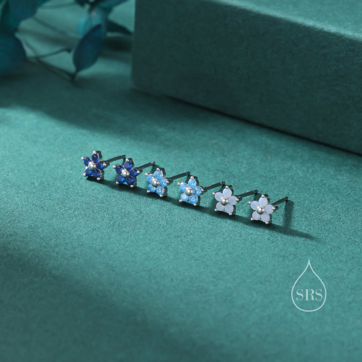 Tiny Blue CZ Flower Stud Earrings in Sterling Silver, Silver or Gold, Aquamarine Blue CZ Flower Stud Earrings, Forget me not Flower Earring