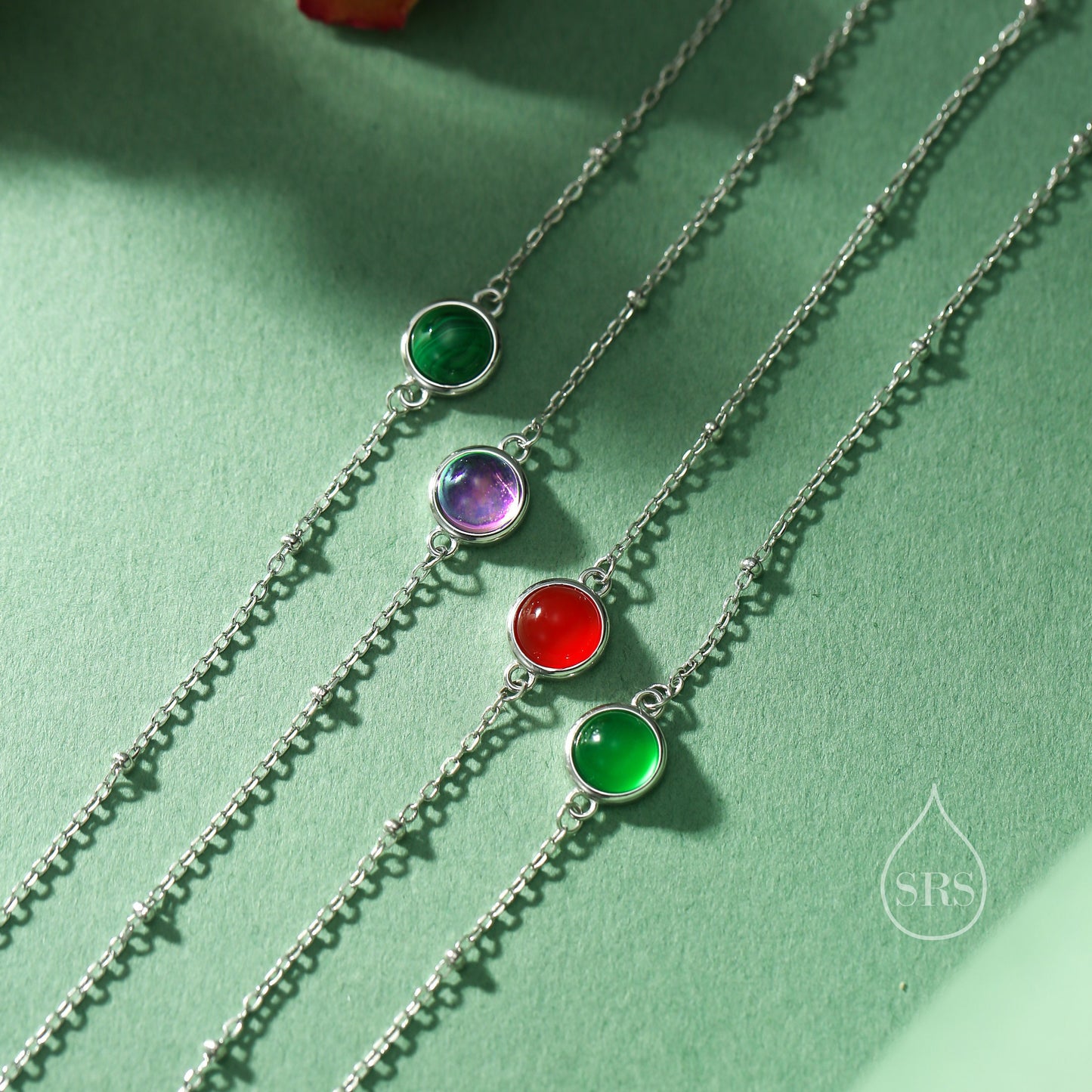 Genuine Red Onyx Bracelet in Sterling Silver, Natural Red Onyx Bracelet, Silver Single Red Carnelian Bracelet with Satellite Chain