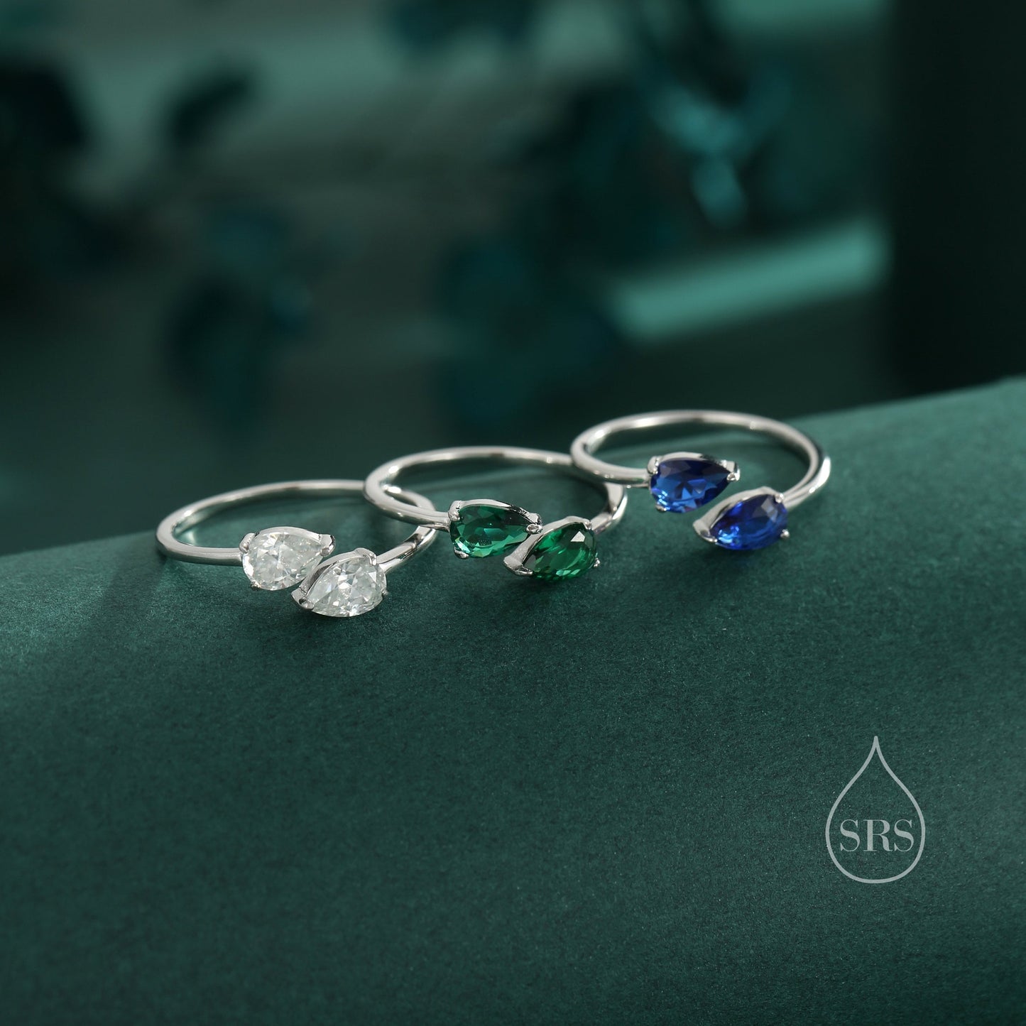 Toi et Moi Pear Cut Moissanite Open Ring in Sterling Silver, Adjustable Size, Blue Based Moissanite Double Stone Ring, Pear Cut Open Ring