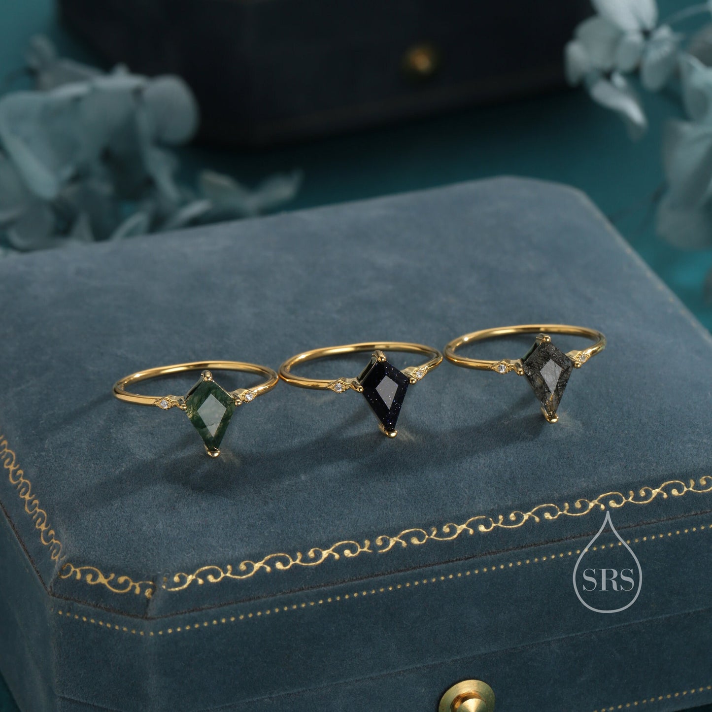 1 Carat Rhombus Cut Blue Sandstone Ring in Sterling Silver, Kite Shape Blue Sandstone Ring, US 5-8