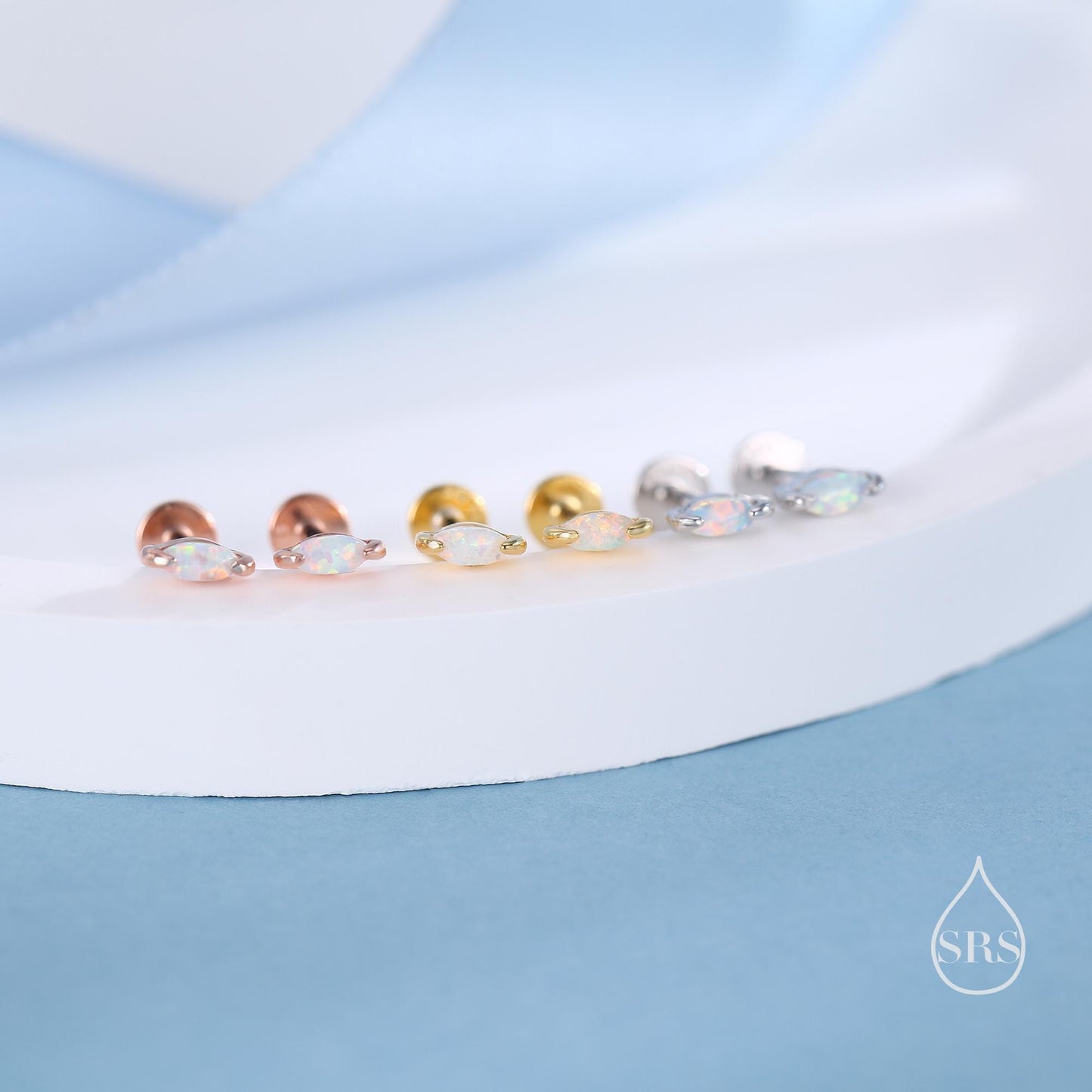 Sterling Silver White Opal Marquise Earrings, Internally Threaded Flat Back/Screw Back/ Stud, Extra Tiny Marquise Opal Stud