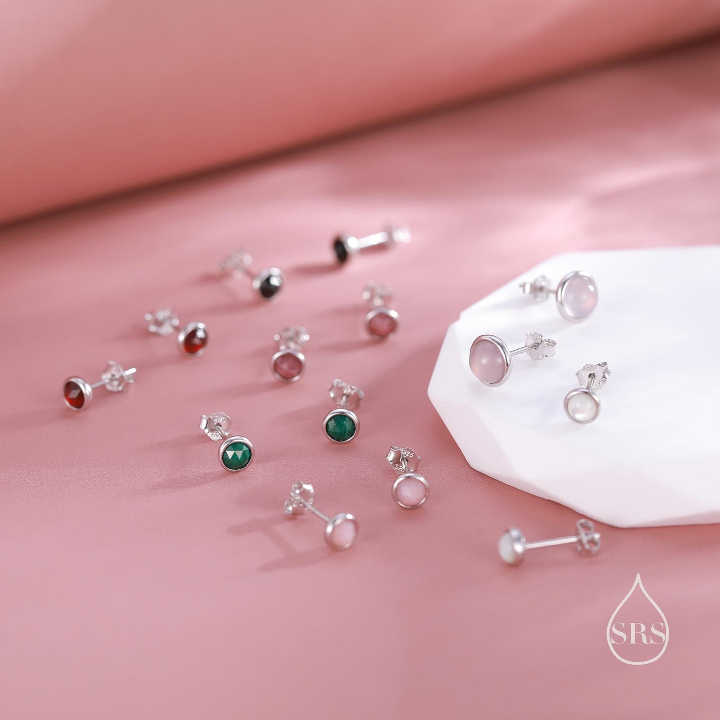 Sterling Silver Genuine Pink Tourmaline Tiny Stud Earrings, Natural Rose Cut Red Tourmaline Stud, Semi-Precious Gemstones, 4mm Bezel