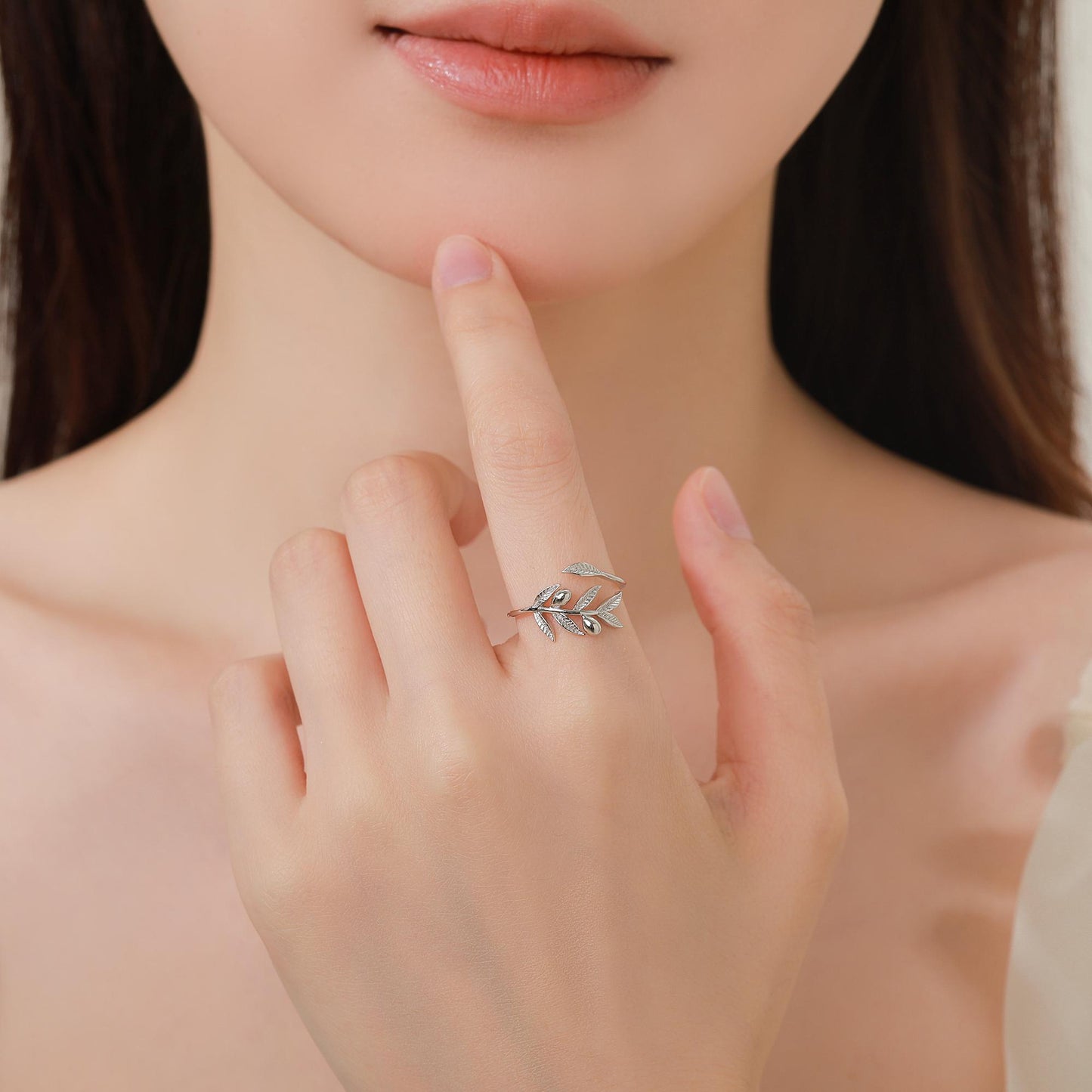 Olive Leaf with Olive Ring in Sterling Silver, Adjustable Size, Olive Branch Botanical Jewellery, Olive Fruit Ring