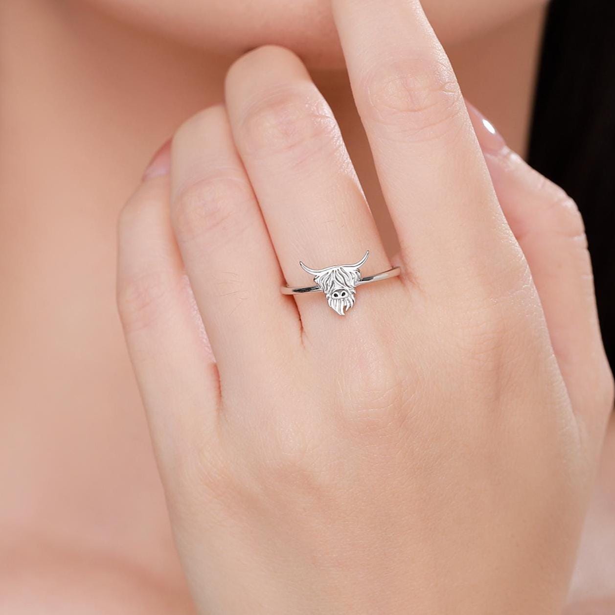 Sterling Silver Highland Cow Ring, Silver or Gold, Adjustable Size, Highland Cow Jewellery, Cow Ring, Scottish Design