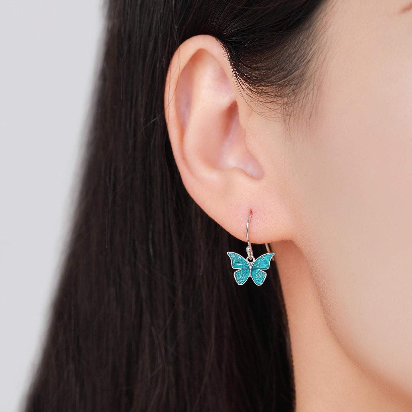 Blue Butterfly Enamel Drop Hook Earrings in Sterling Silver, Aqua Blue Enamel Butterfly Earrings, Insect Animal Earrings, Nature-Inspired