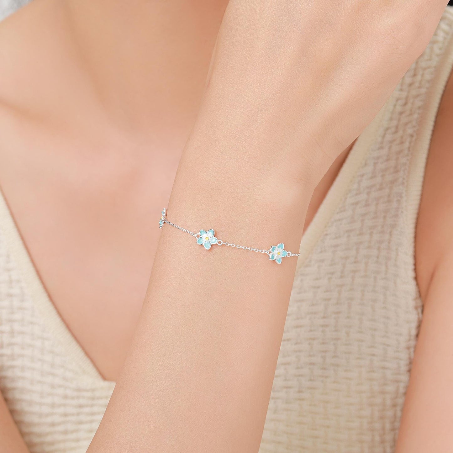 Enamel Forget Me Not Flower Trio Bracelet in Sterling Silver, Flower Bracelet, Blossom Bracelet, Forget-me-not Flower Bracelet
