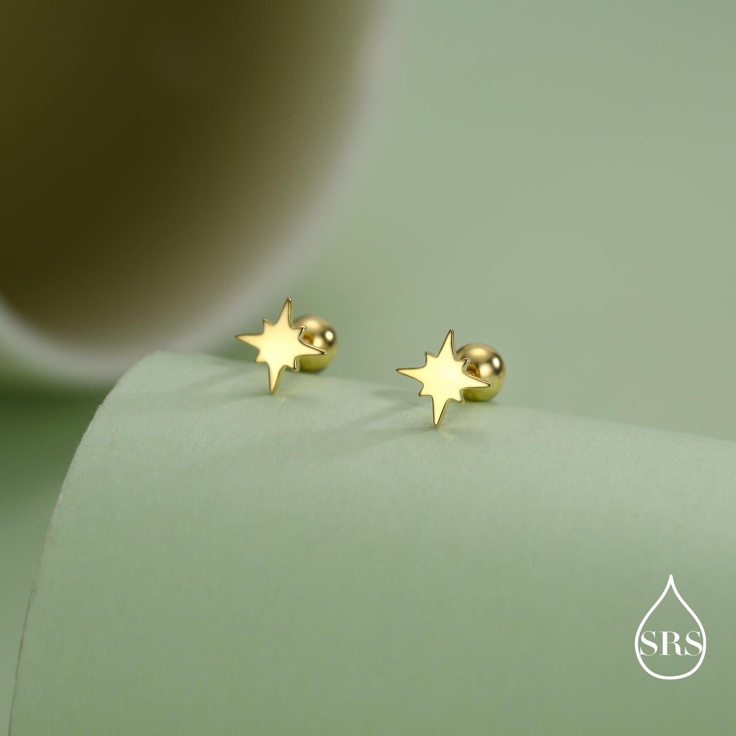 Starburst Screw Back Earrings in Sterling Silver, Tiny Star Barbell Earrings