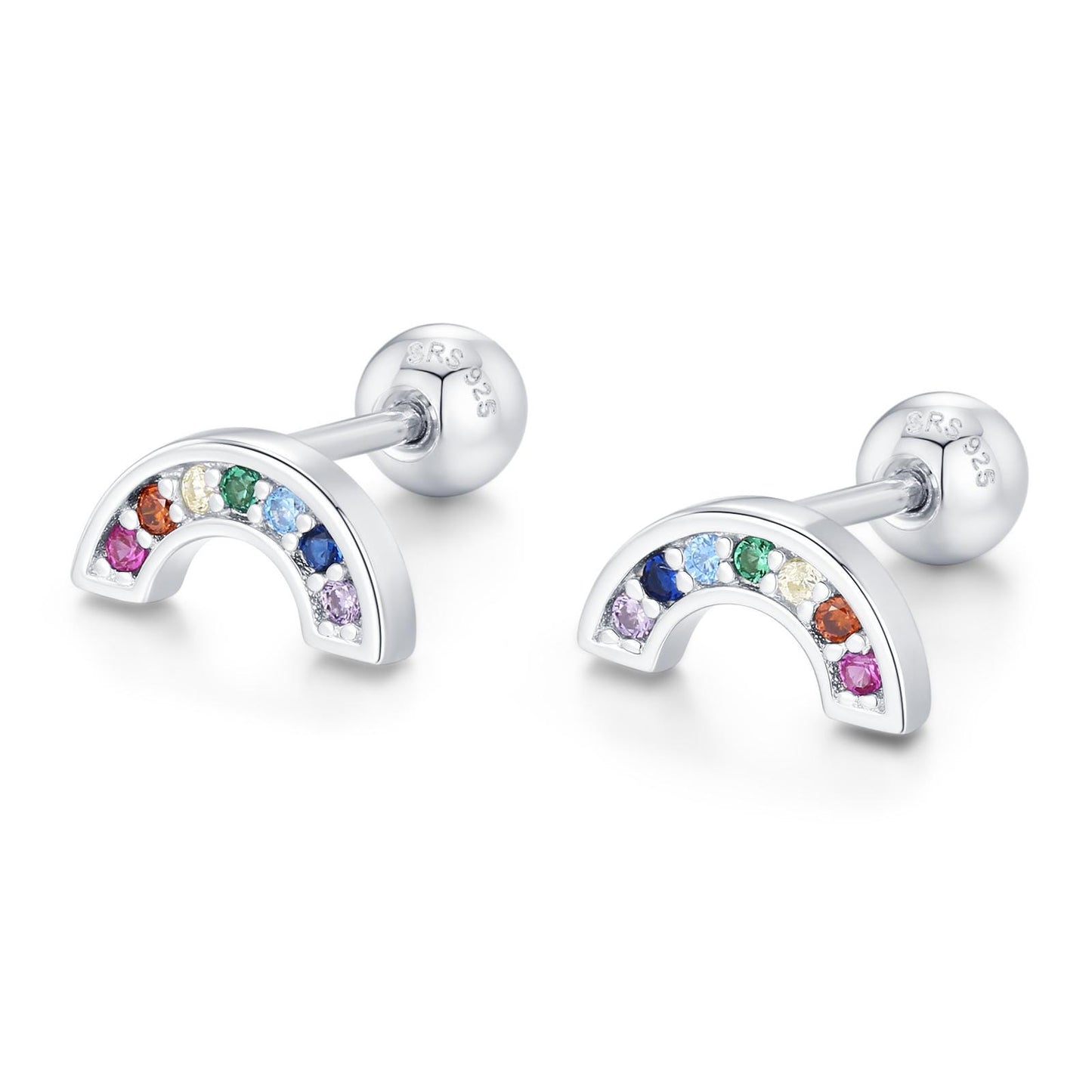 Sterling Silver Rainbow CZ 18G Screw Back Stud Earrings