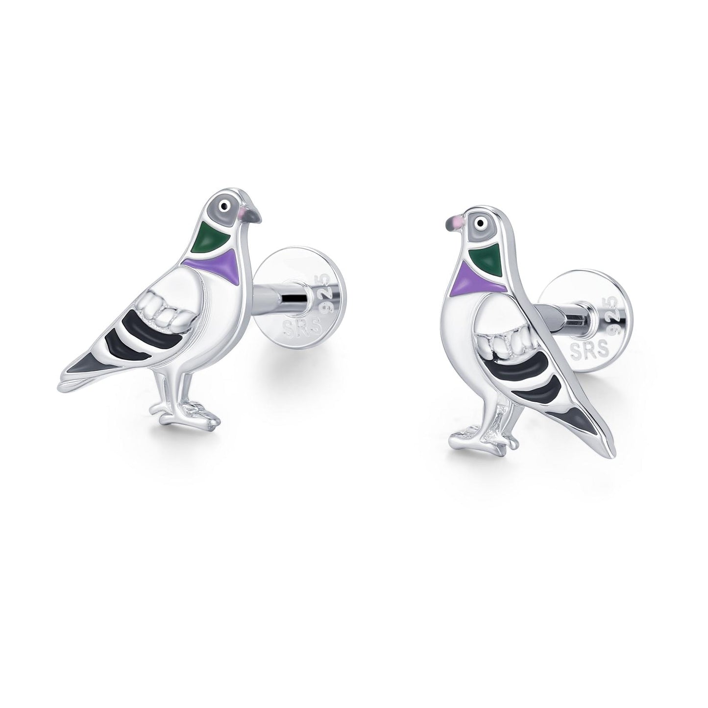 Sterling Silver Enamel Pigeon 16G Flat Back Labret Earrings