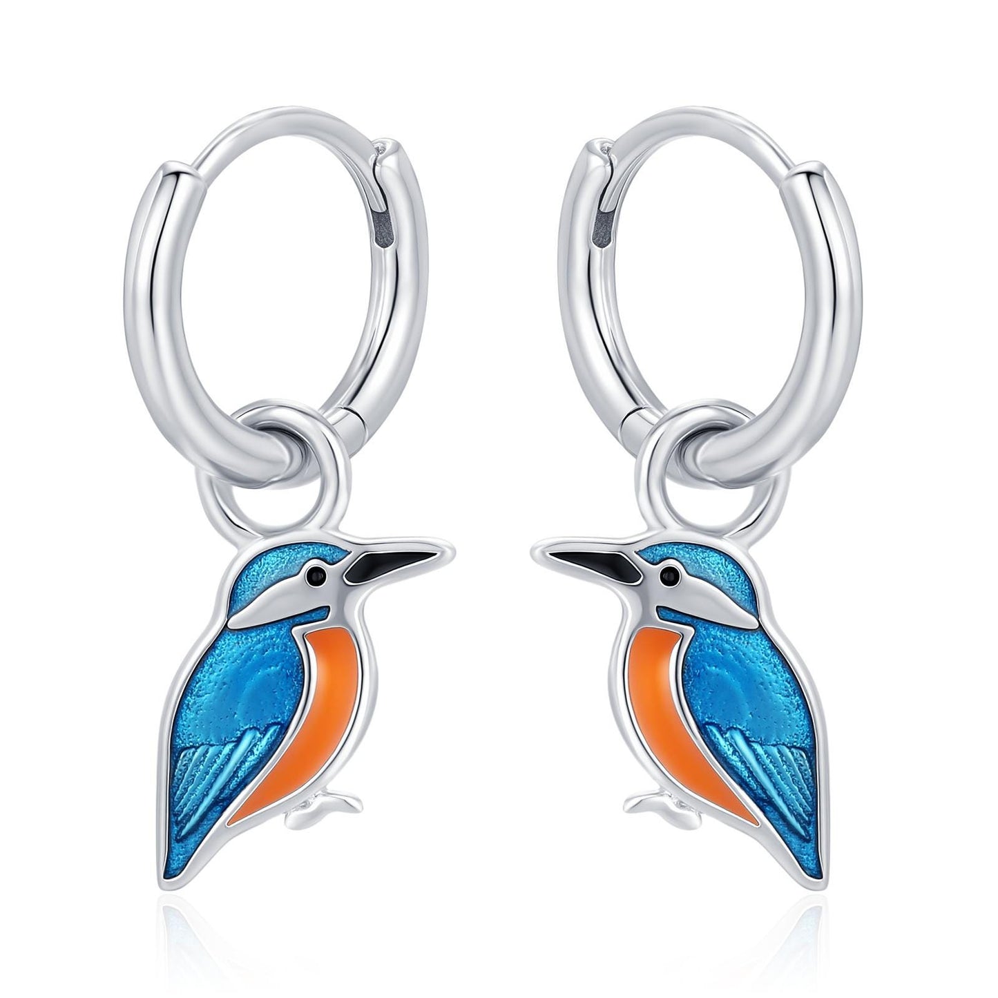 Sterling Silver Enamel Kingfisher Detachable Huggie Hoop Earrings