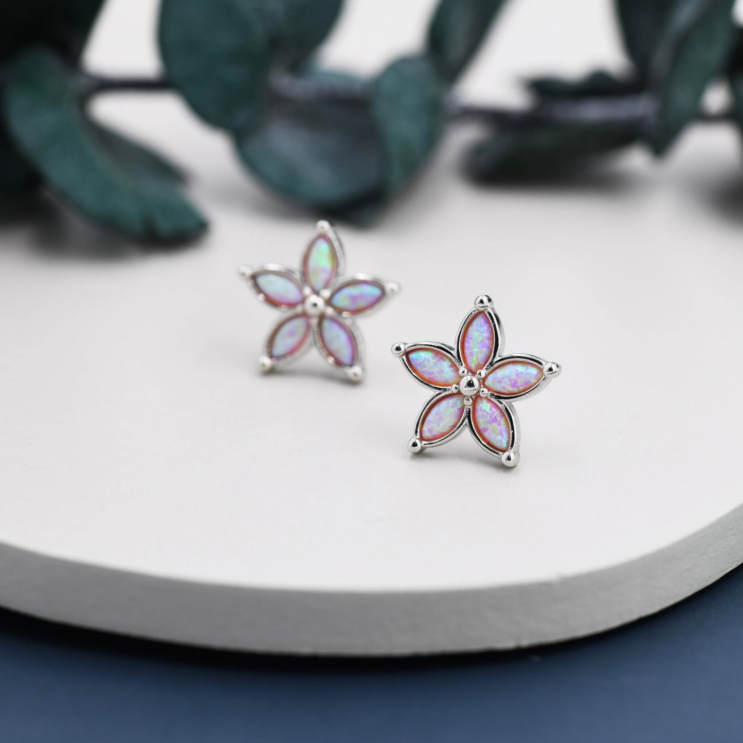 Opal Flower Stud Earrings and Necklace Set in Sterling Silver with Opal, Blue, White or Pink Opal, Gift Set