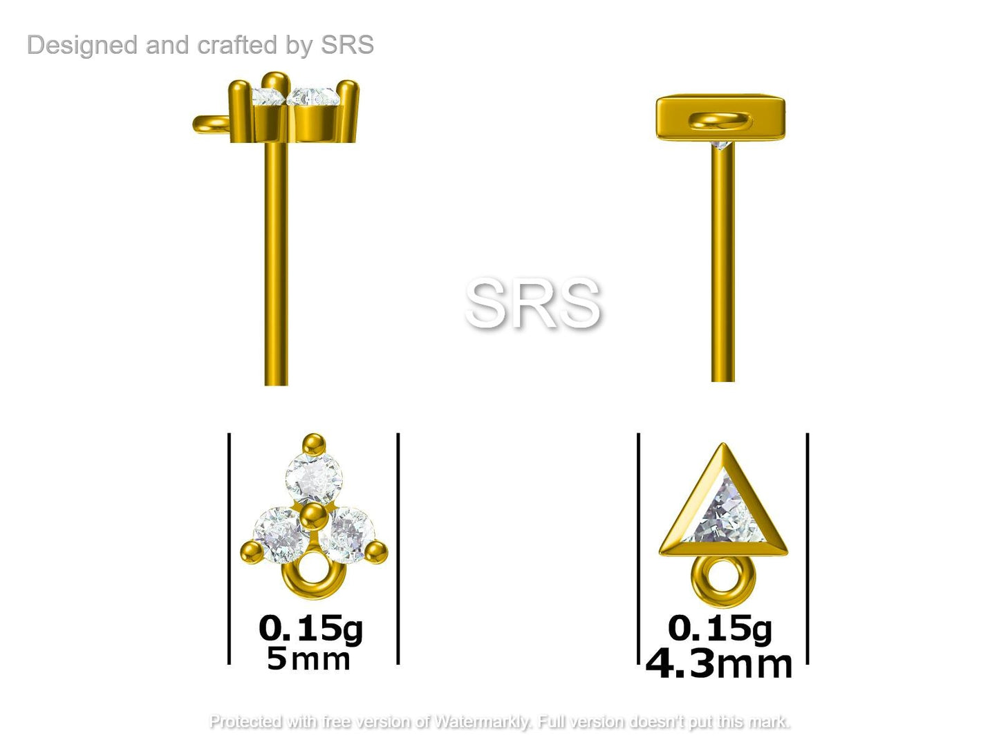 Sterling Silver Chained Earrings for Multiple Piercings, Silver or Gold, Trinity Three CZ Dot Earrings and Triangle Chain Earrings