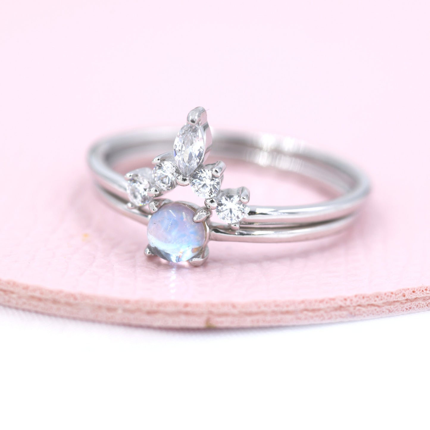 Moonstone Ring and Tiara Ring in Sterling Silver, Mermaid Crystal Ring, Minimalist Aurora Ring, US 5 - 8