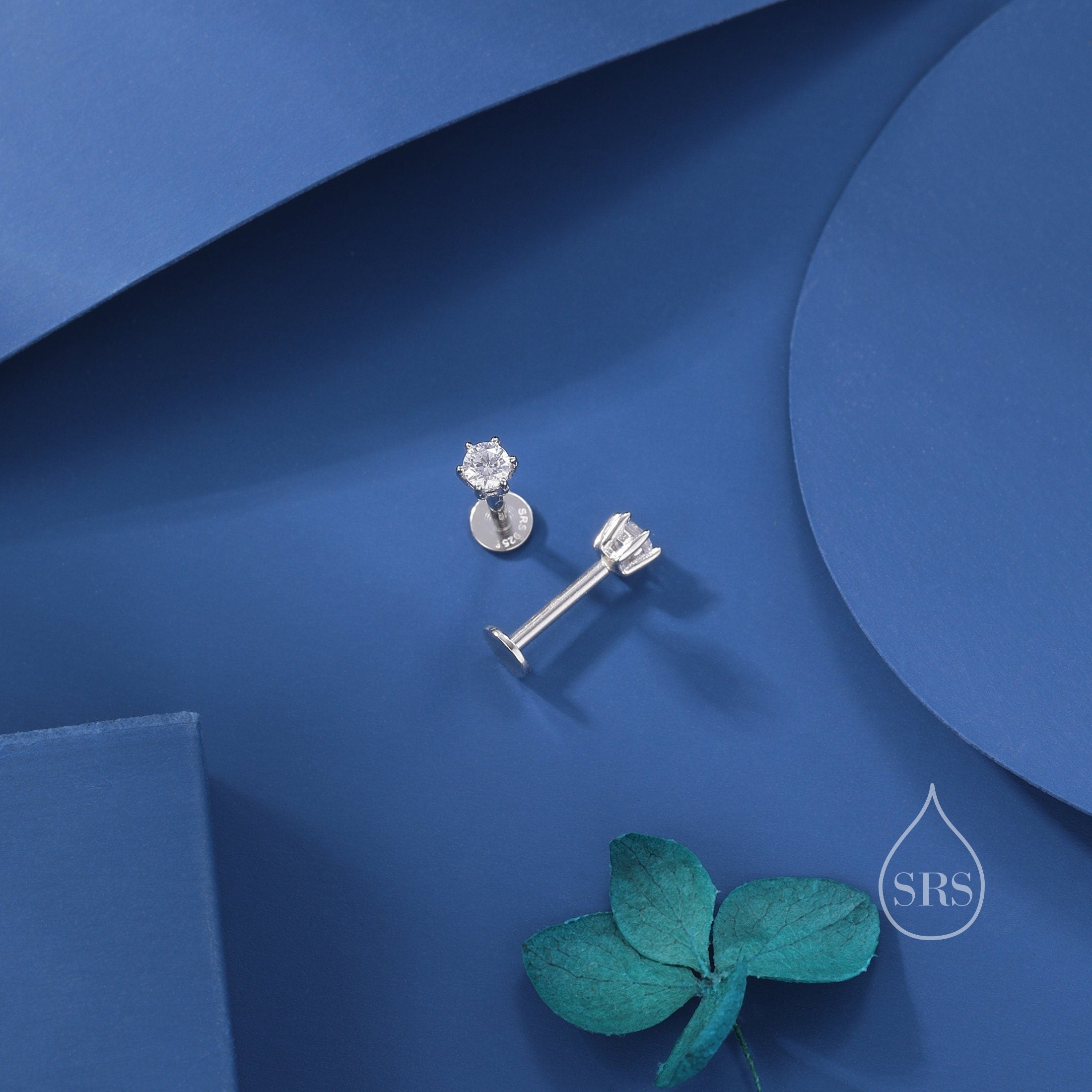 Pair of 925 sterling silver flat back earrings with internally threaded posts, designed as sleep-safe and snag-free jewellery for lobe and cartilage piercings.
