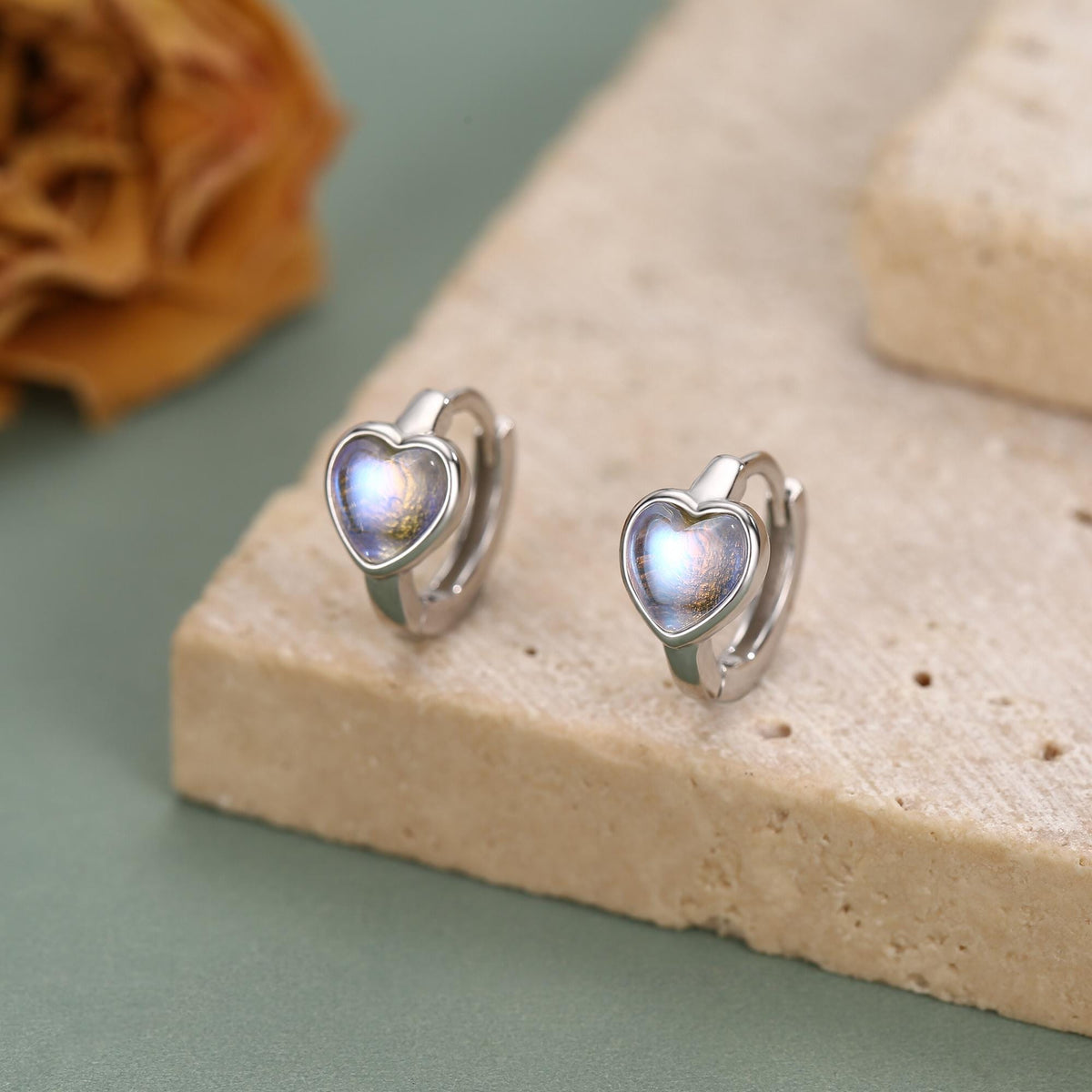 Moonstone Heart Huggie Hoop Earrings in Sterling Silver, Silver or Gold, Simulated Moonstone Heart Hoops, Heart Hoops