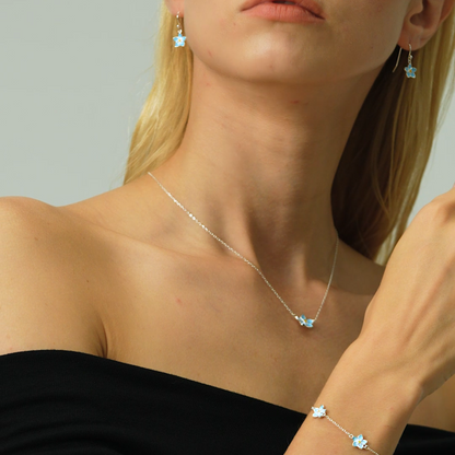 Forget-Me-Not Enamel Flower Jewellery Set in Sterling Silver — Rhodium-Coated Necklace, Earrings & Bracelet