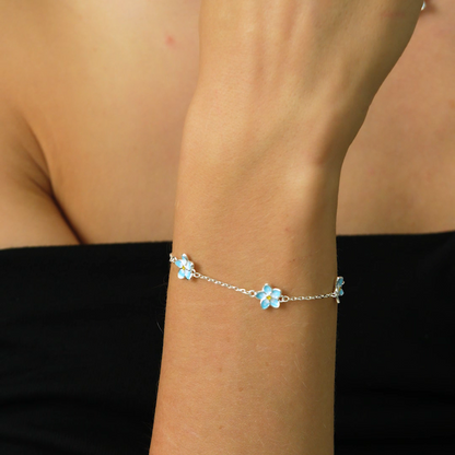 Forget-Me-Not Enamel Flower Jewellery Set in Sterling Silver — Rhodium-Coated Necklace, Earrings & Bracelet