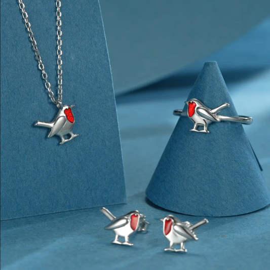 Robin Bird Enamel Jewellery Set in Sterling Silver — Rhodium-Coated Earrings and Necklace