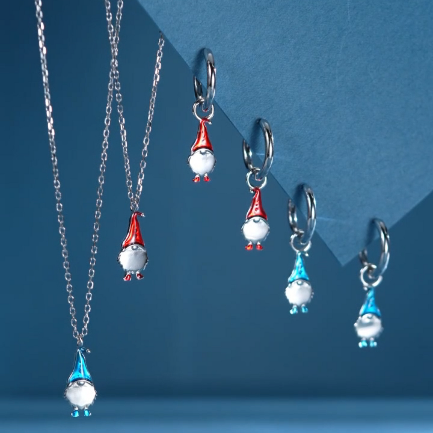 Tiny Gnome Jewellery Set in Sterling Silver — Rhodium-Coated Earrings & Necklace