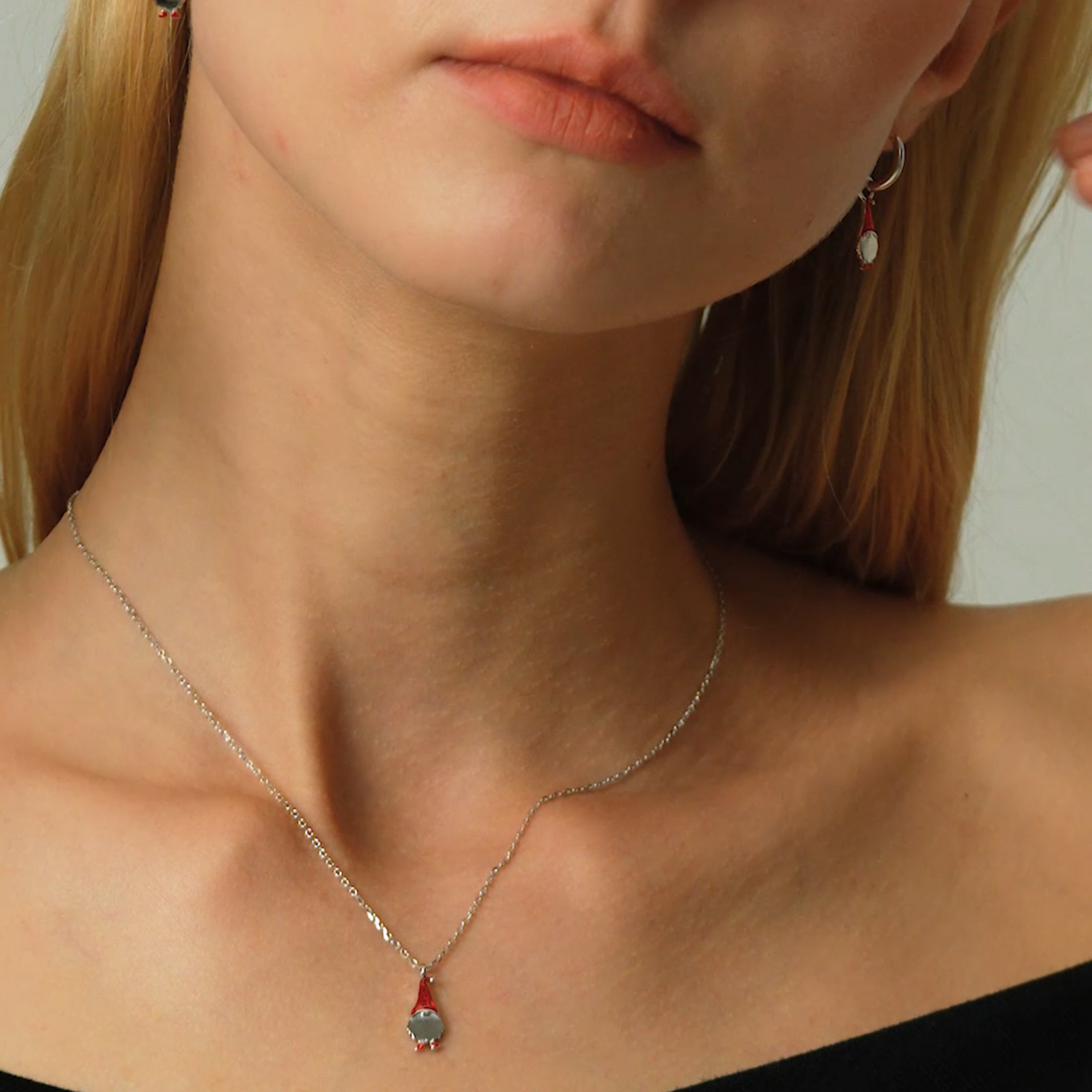 Tiny Gnome Jewellery Set in Sterling Silver — Rhodium-Coated Earrings & Necklace