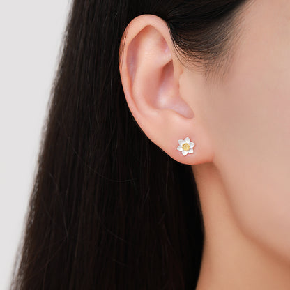 Sterling Silver Tiny Little Daffodil Flower Blossom Stud Earrings and Pendant Necklace with 18ct Gold Plating - Cute and Whimsical Jewellery