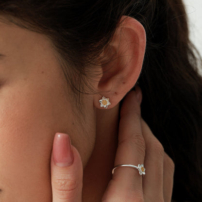 Daffodil Jewellery Set in Sterling Silver — Rhodium-Coated Earrings and Necklace with 18ct Gold-Plated Details
