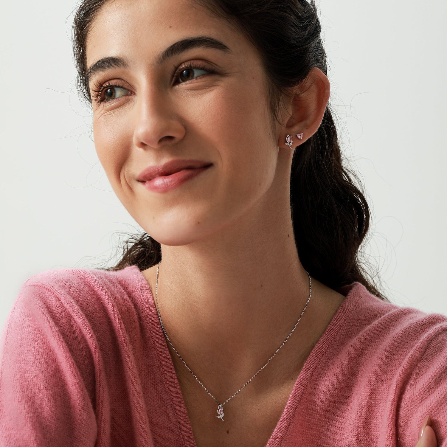 Tulip Flower CZ Jewellery Set – Sterling Silver Stud Earrings & Necklace