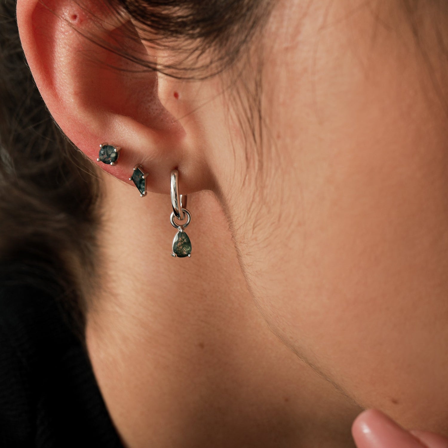 Moss Agate Droplet Huggie Hoop Earrings in Sterling Silver,  Nature Inspired Droplet Earrings, Detachable and Interchangable Charms