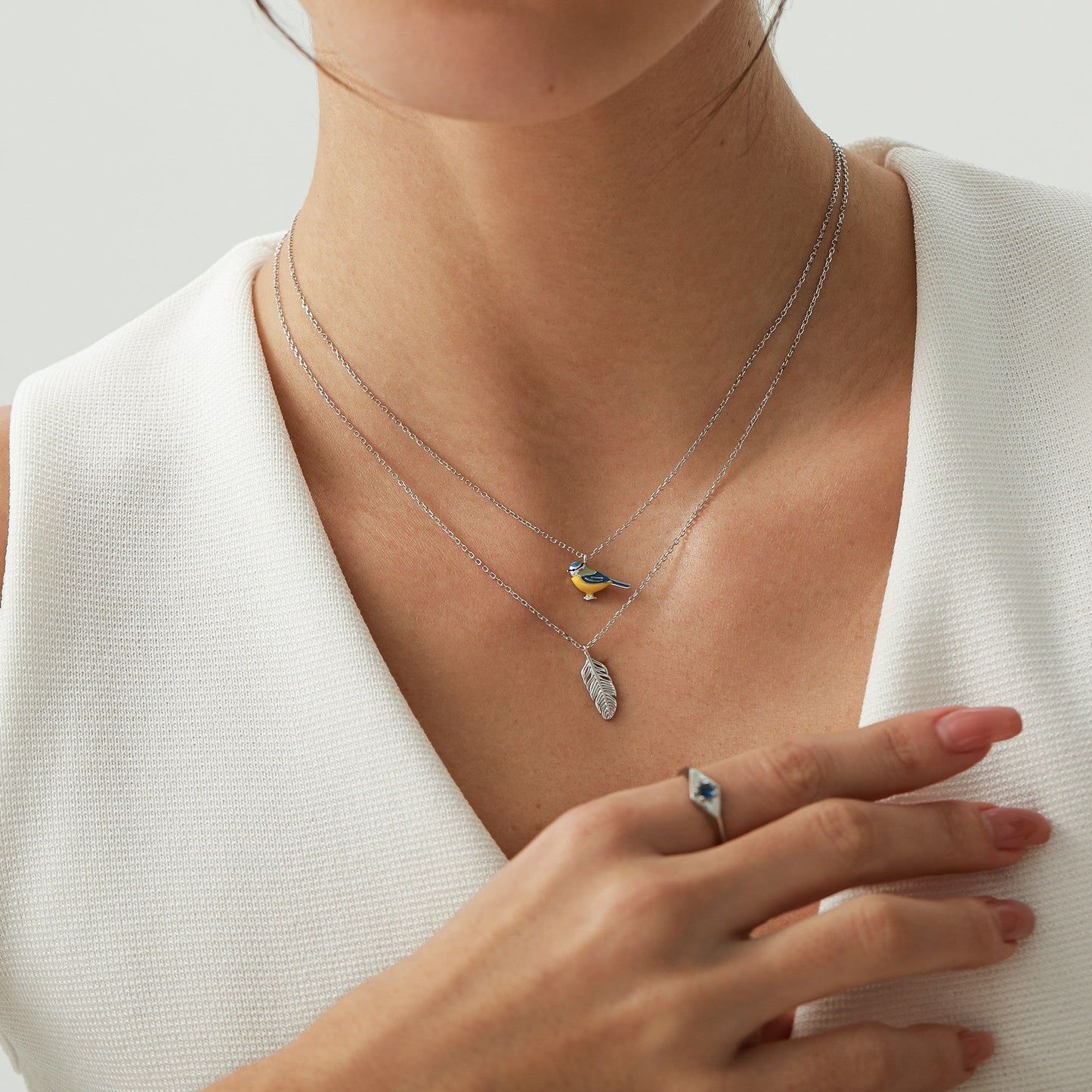 Tiny Blue Tit Bird Pendant Necklace in Sterling Silver, Silver or Gold, Silver Enamel Blue Tit Bird Necklace, Silver Bird Necklace,